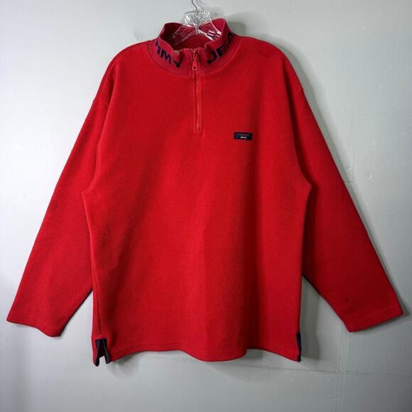 VTG Tommy Hilfiger Jeans Red Fleece 1/4 Zip Pullover Jacket Sweatshirt Mens Sz L - Picture 1 of 12